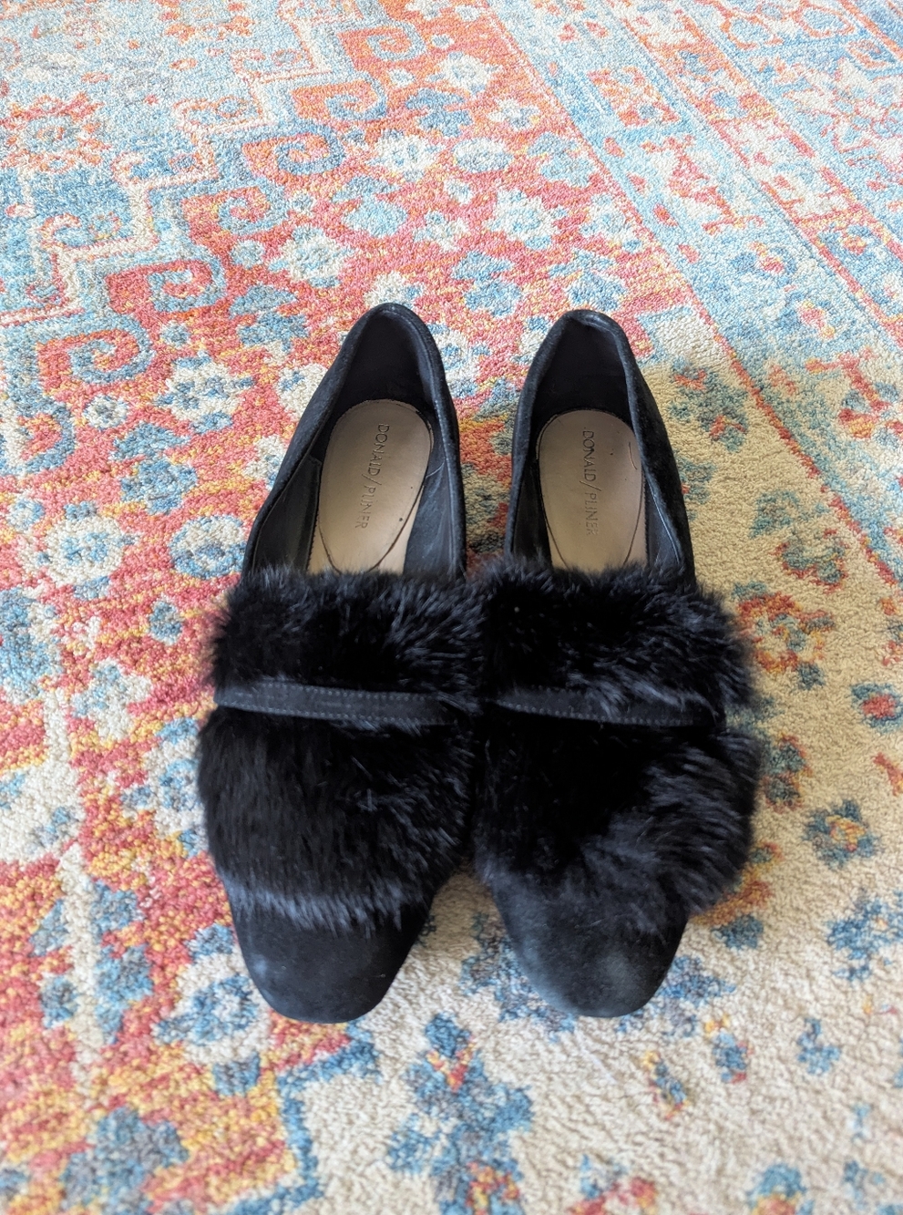 Donald Pliner Lilian Black Suede Leather & Rabbit Fur Loafers Women's 9 M